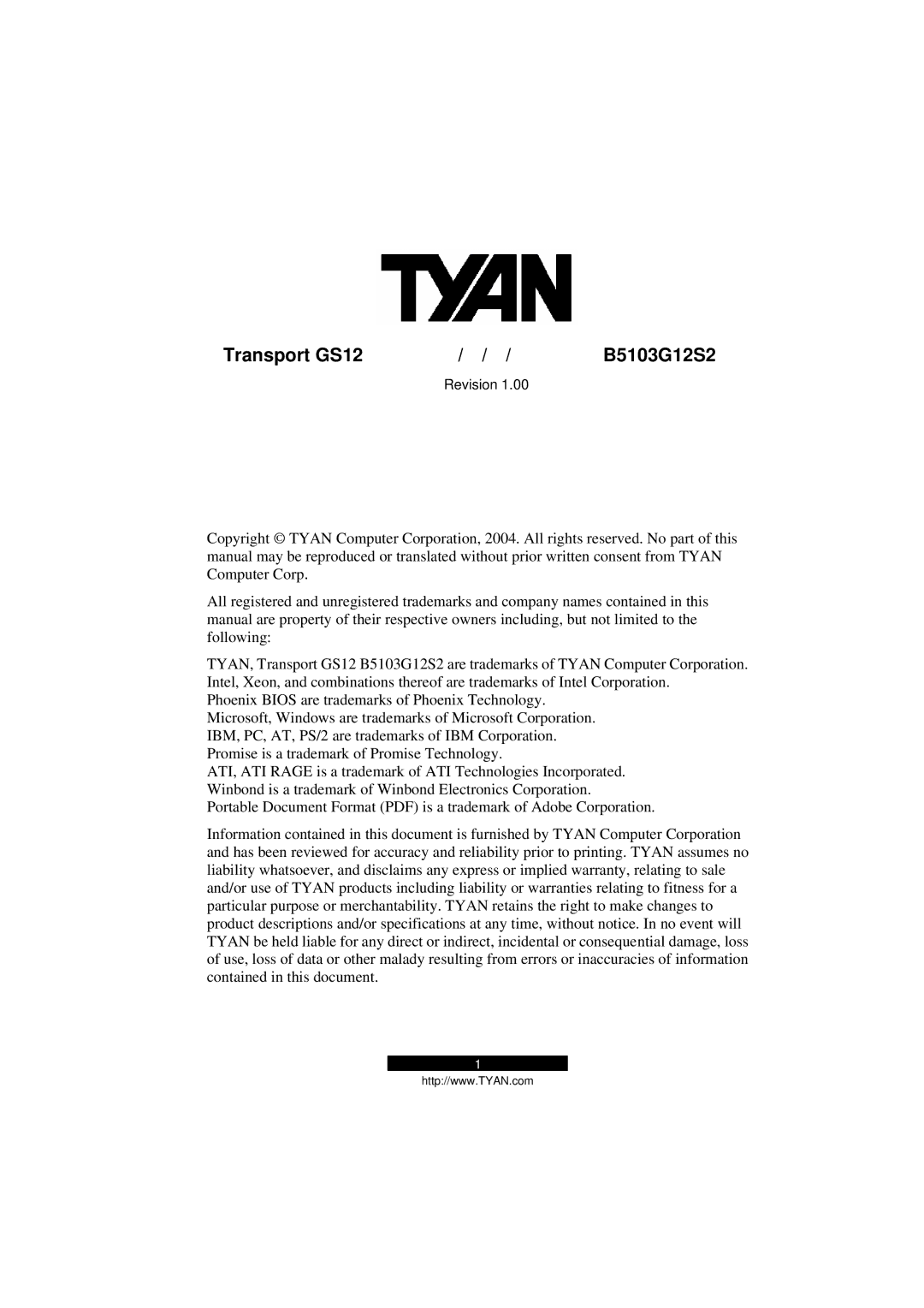 Tyan Computer B5103G12S2 manual Transport GS12 