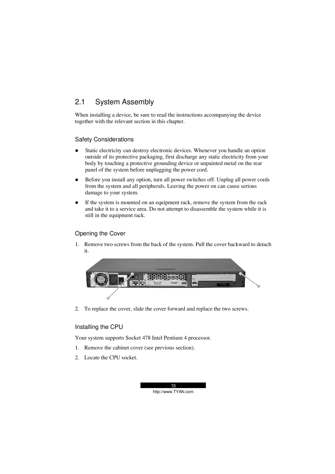 Tyan Computer B5103G12S2, Transport GS12 System Assembly, Safety Considerations, Opening the Cover, Installing the CPU 