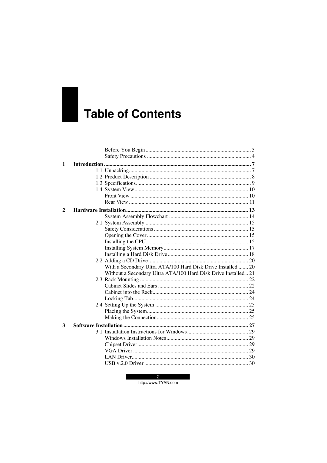 Tyan Computer Transport GS12, B5103G12S2 manual Table of Contents 