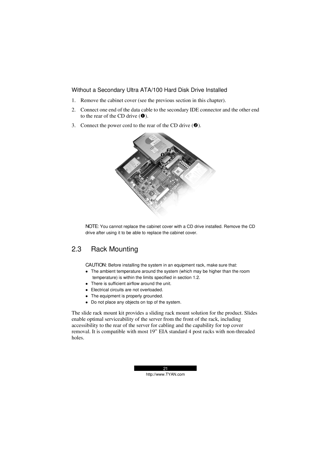 Tyan Computer B5103G12S2, Transport GS12 manual Rack Mounting, Without a Secondary Ultra ATA/100 Hard Disk Drive Installed 