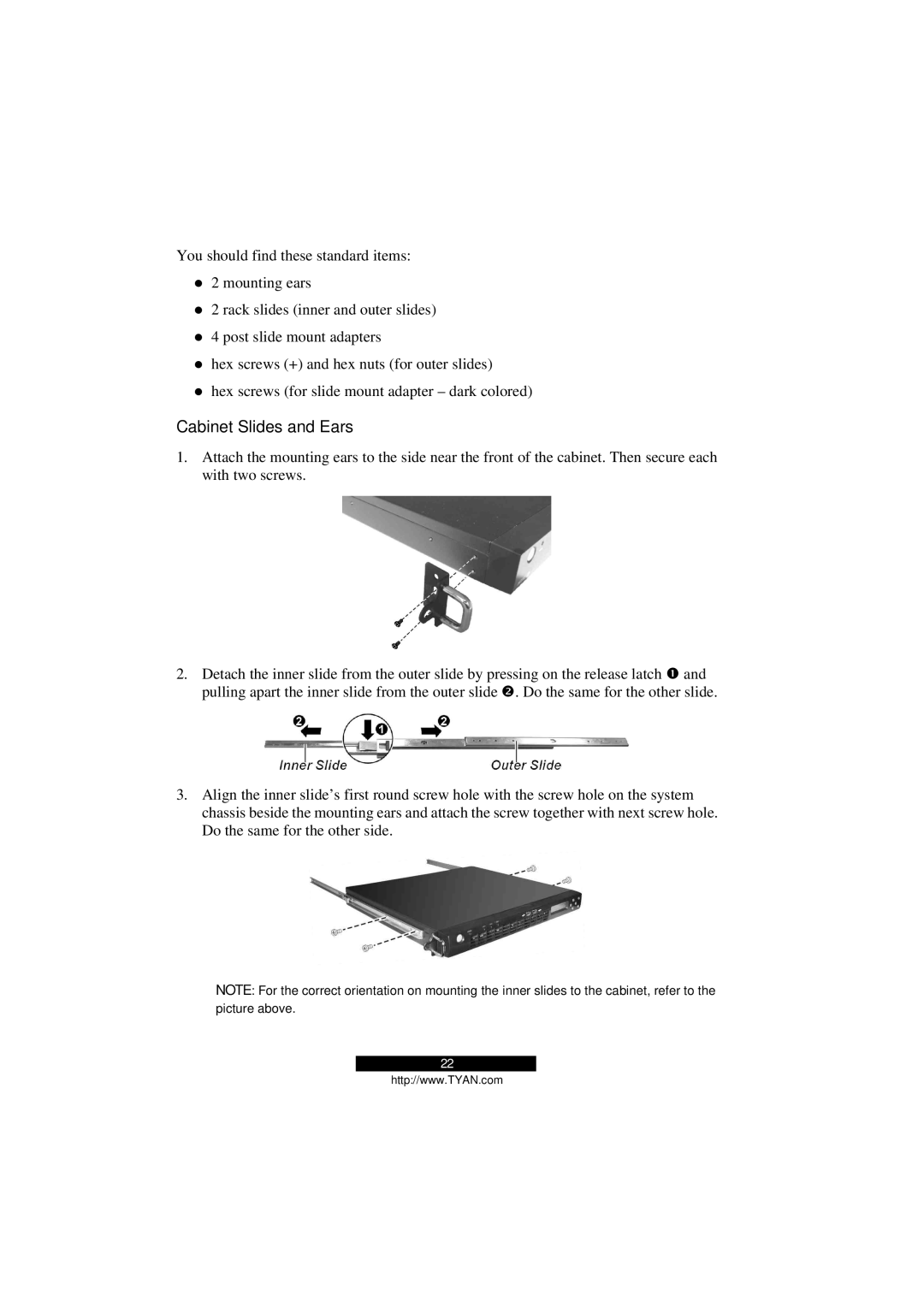 Tyan Computer Transport GS12, B5103G12S2 manual Cabinet Slides and Ears 