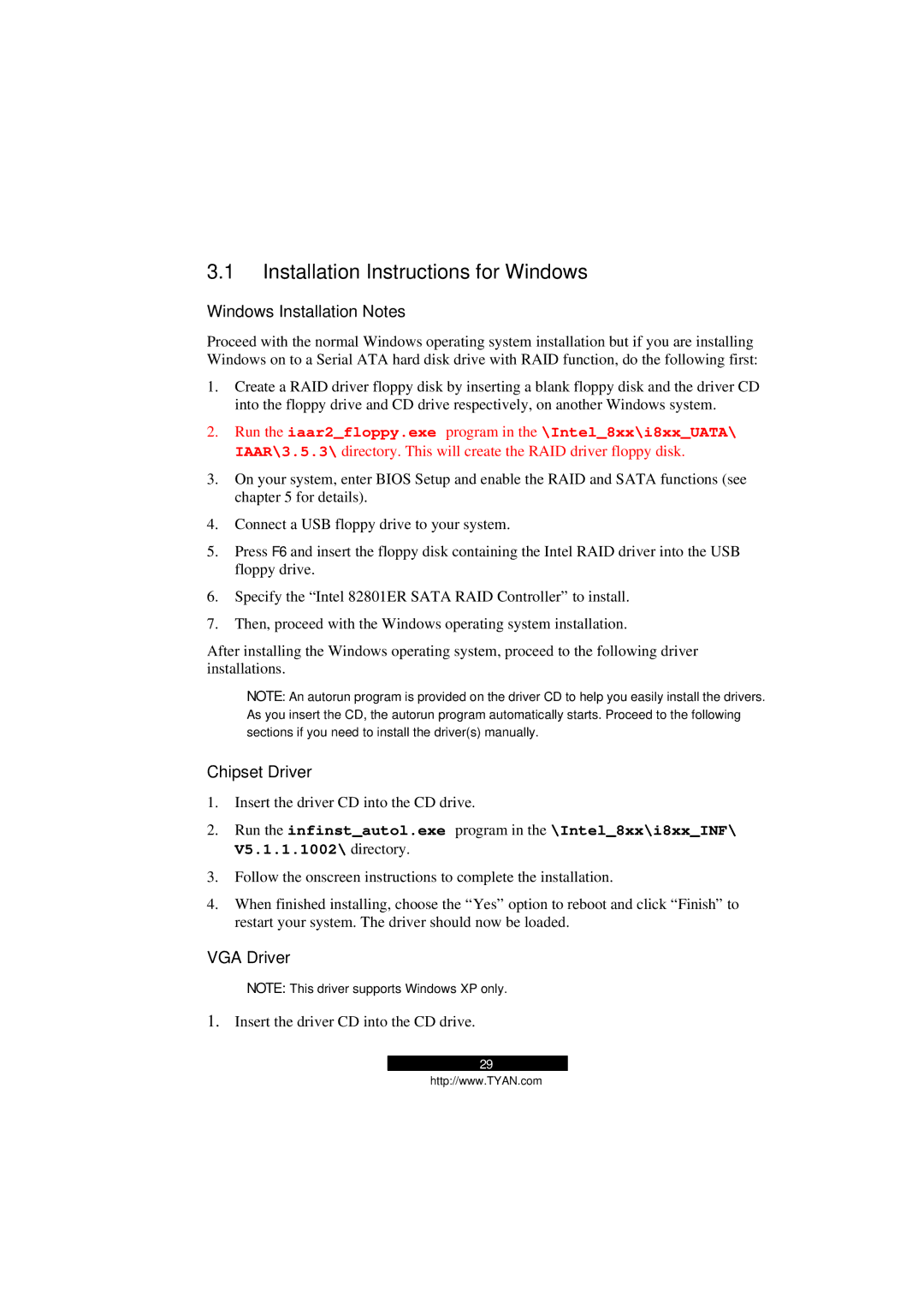 Tyan Computer B5103G12S2 Installation Instructions for Windows, Windows Installation Notes, Chipset Driver, VGA Driver 