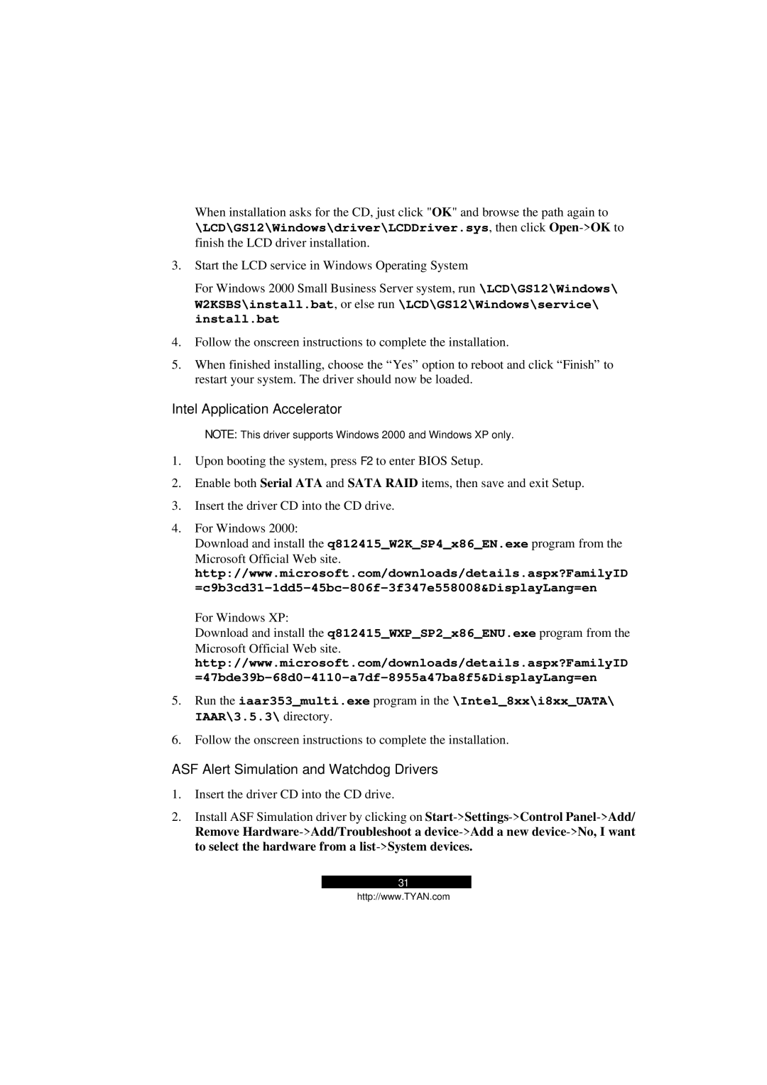 Tyan Computer B5103G12S2, Transport GS12 manual Intel Application Accelerator, ASF Alert Simulation and Watchdog Drivers 