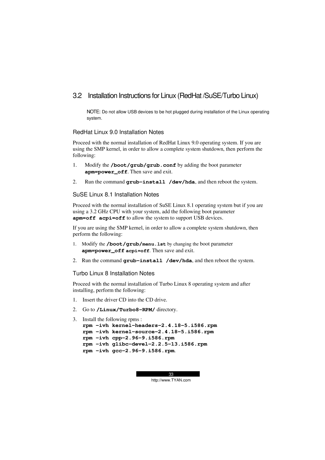 Tyan Computer B5103G12S2, Transport GS12 manual RedHat Linux 9.0 Installation Notes, SuSE Linux 8.1 Installation Notes 