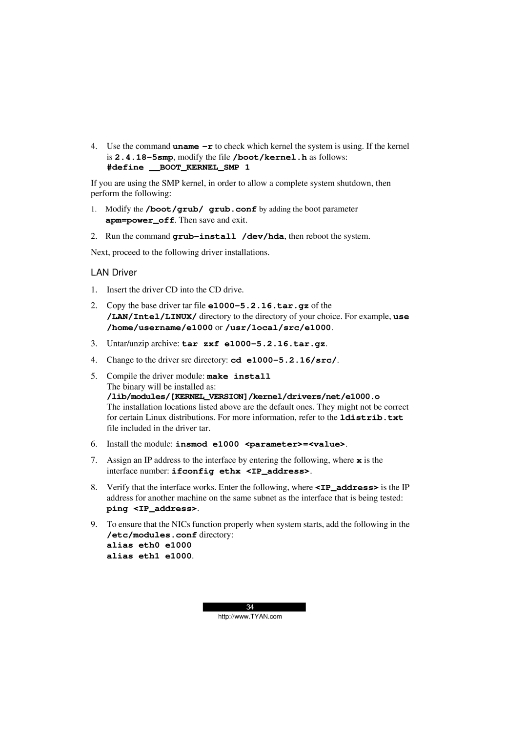 Tyan Computer Transport GS12, B5103G12S2 manual Etc/modules.conf directory alias eth0 e1000 Alias eth1 e1000 