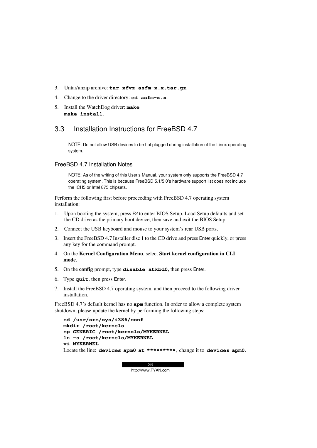 Tyan Computer Transport GS12, B5103G12S2 manual Installation Instructions for FreeBSD, FreeBSD 4.7 Installation Notes 