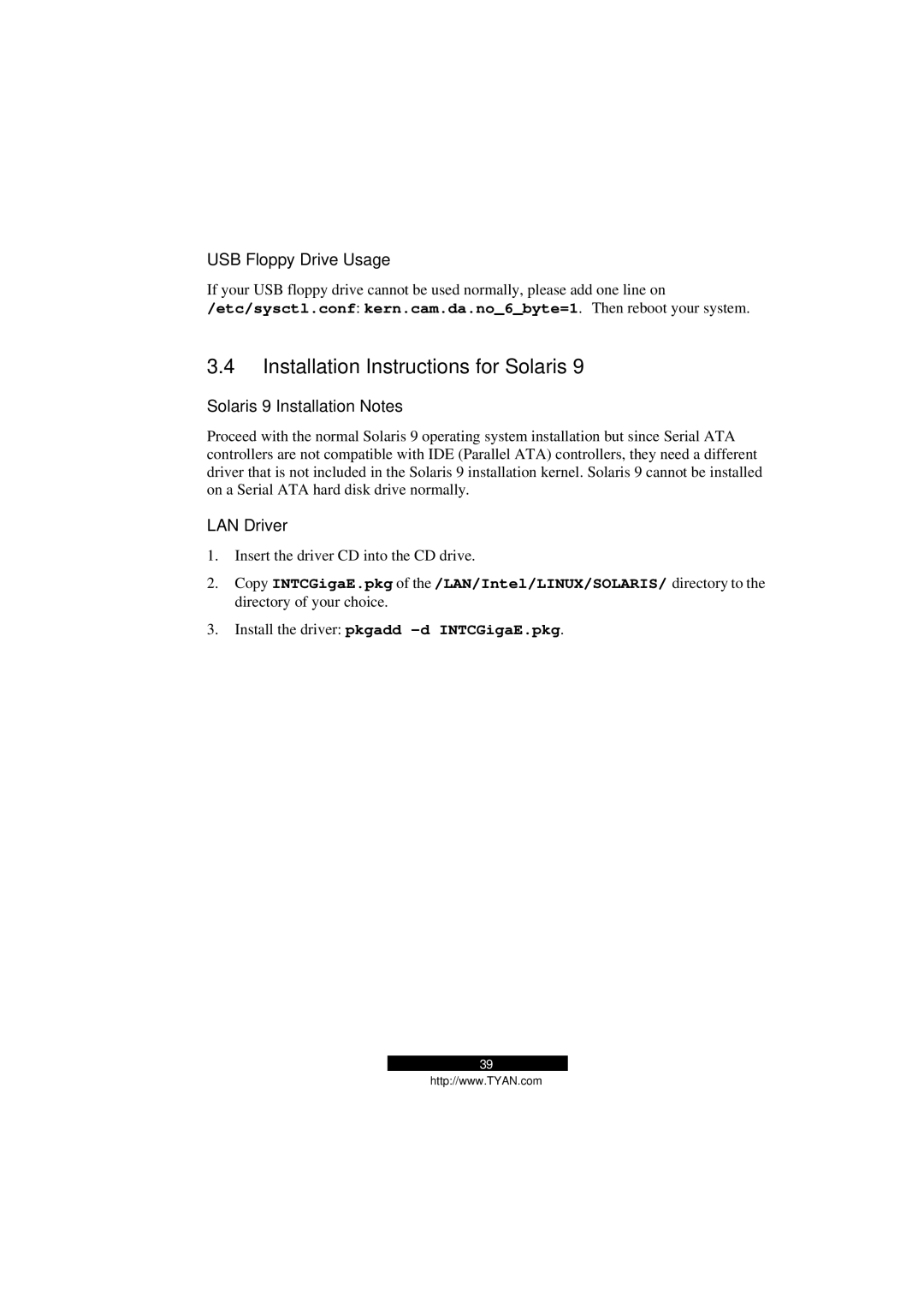 Tyan Computer B5103G12S2 manual Installation Instructions for Solaris, USB Floppy Drive Usage, Solaris 9 Installation Notes 