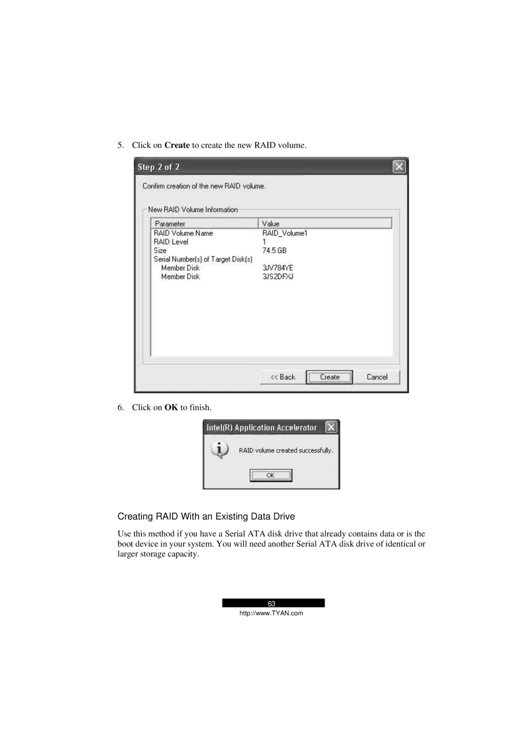 Tyan Computer B5103G12S2, Transport GS12 manual Creating RAID With an Existing Data Drive 