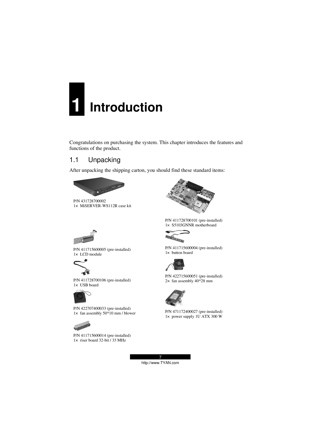 Tyan Computer B5103G12S2, Transport GS12 manual Introduction, Unpacking 