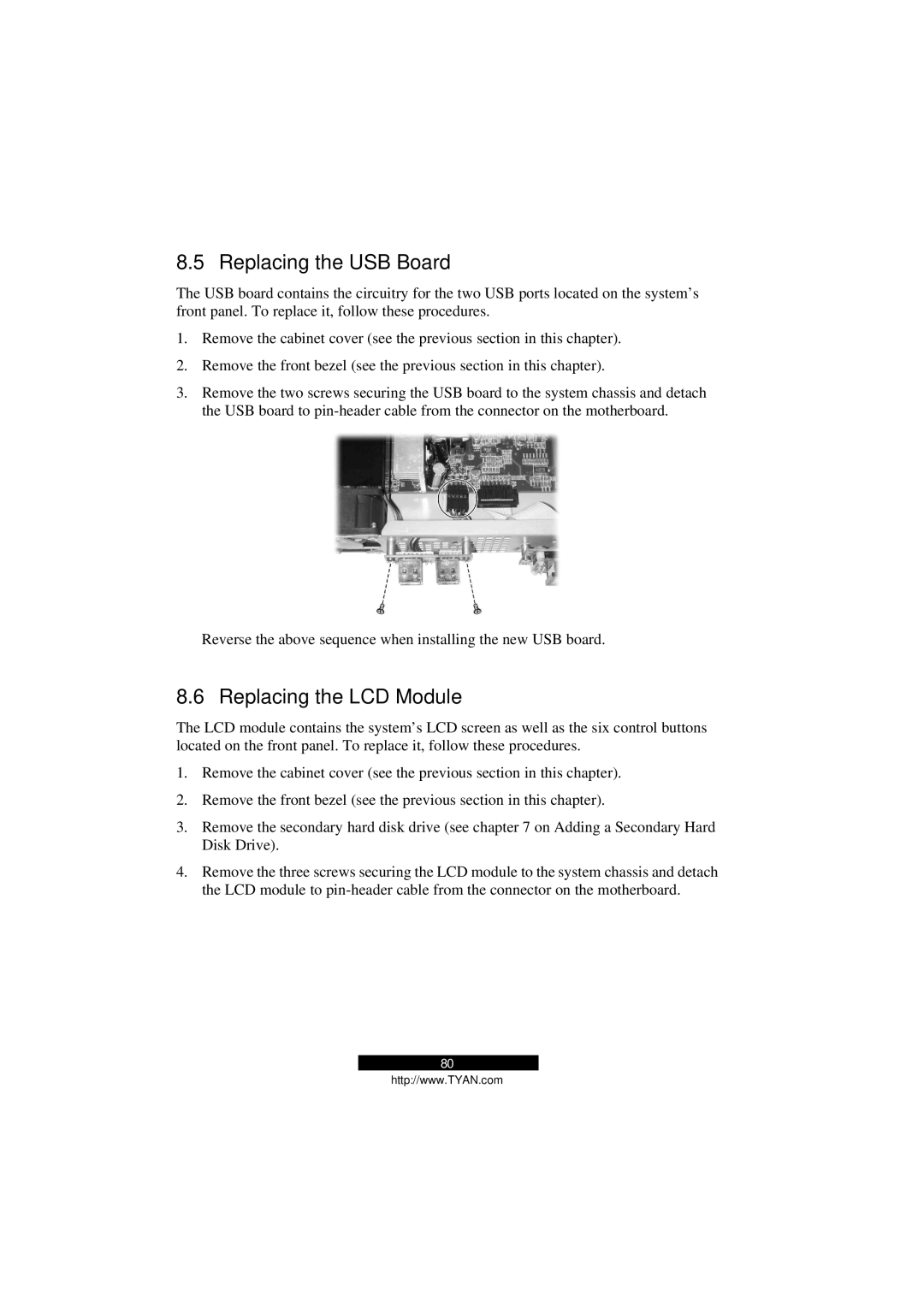 Tyan Computer Transport GS12, B5103G12S2 manual Replacing the USB Board, Replacing the LCD Module 