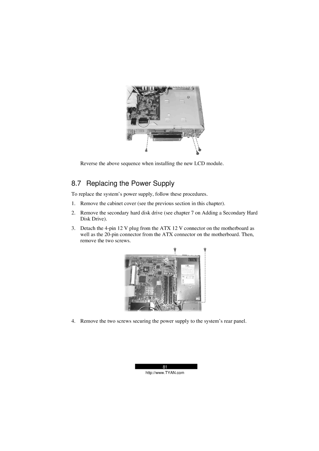 Tyan Computer B5103G12S2, Transport GS12 manual Replacing the Power Supply 