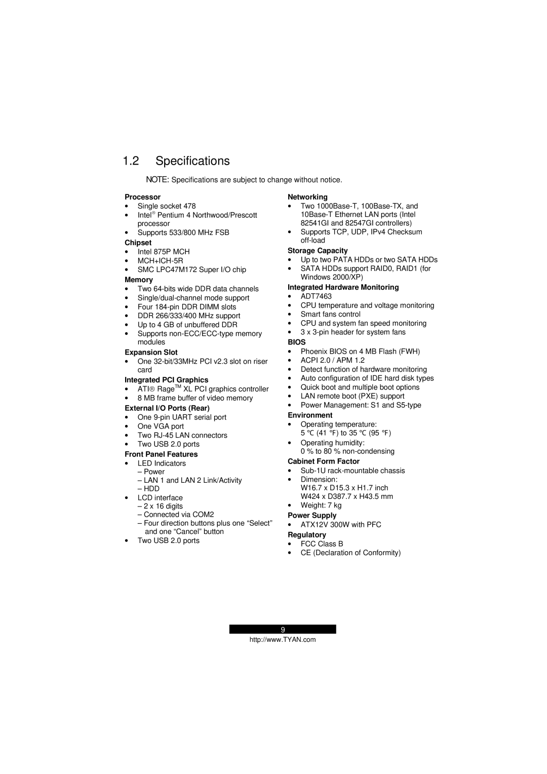 Tyan Computer B5103G12S2, Transport GS12 manual Specifications, Memory 