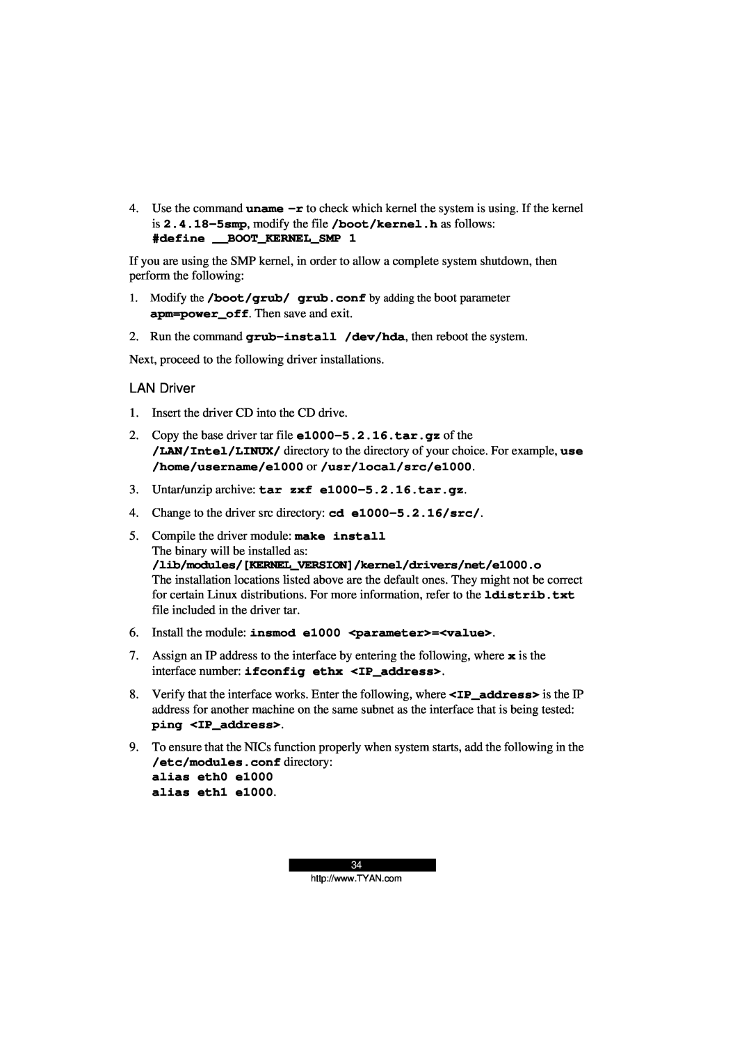 Tyan Computer Transport GS12 manual #define BOOTKERNELSMP, Untar/unzip archive tar zxf e1000-5.2.16.tar.gz, LAN Driver 