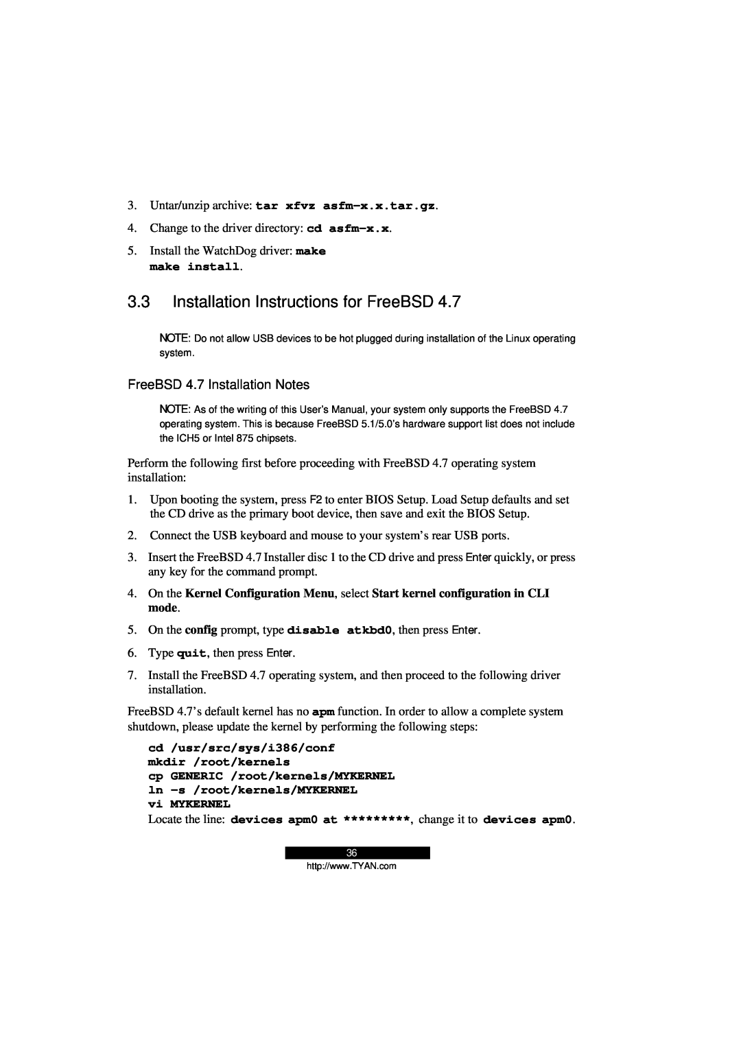 Tyan Computer Transport GS12 manual Installation Instructions for FreeBSD, FreeBSD 4.7 Installation Notes, vi MYKERNEL 