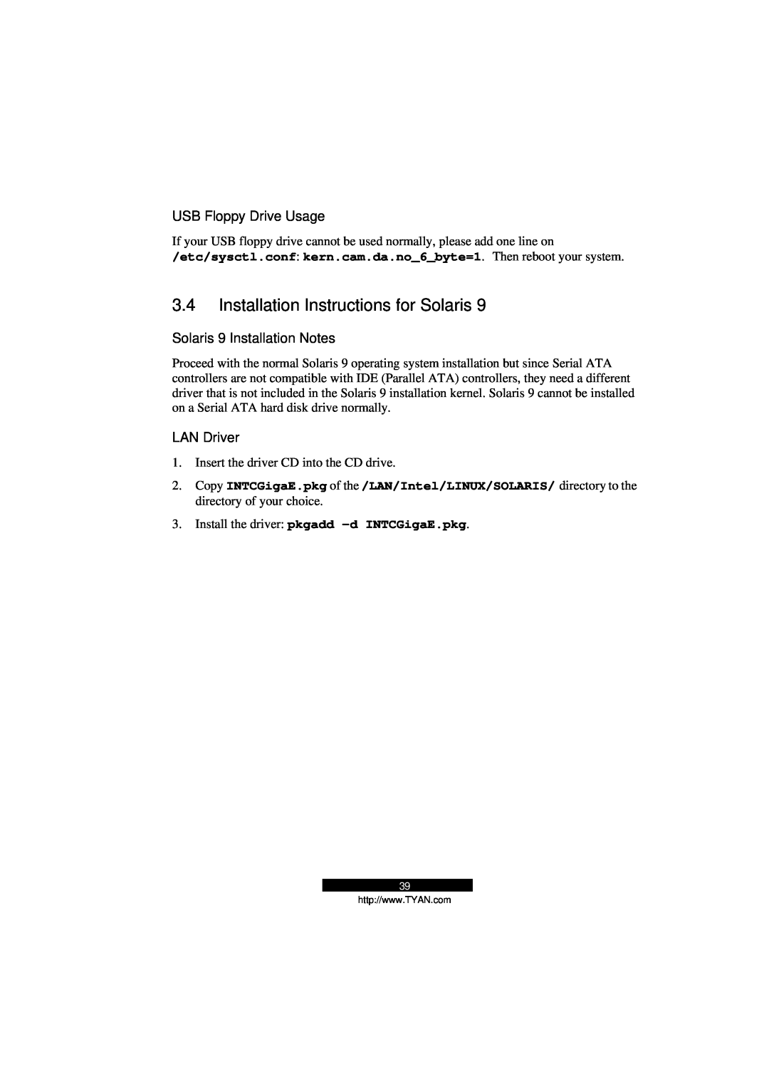 Tyan Computer B5103G12S2 manual Installation Instructions for Solaris, USB Floppy Drive Usage, Solaris 9 Installation Notes 