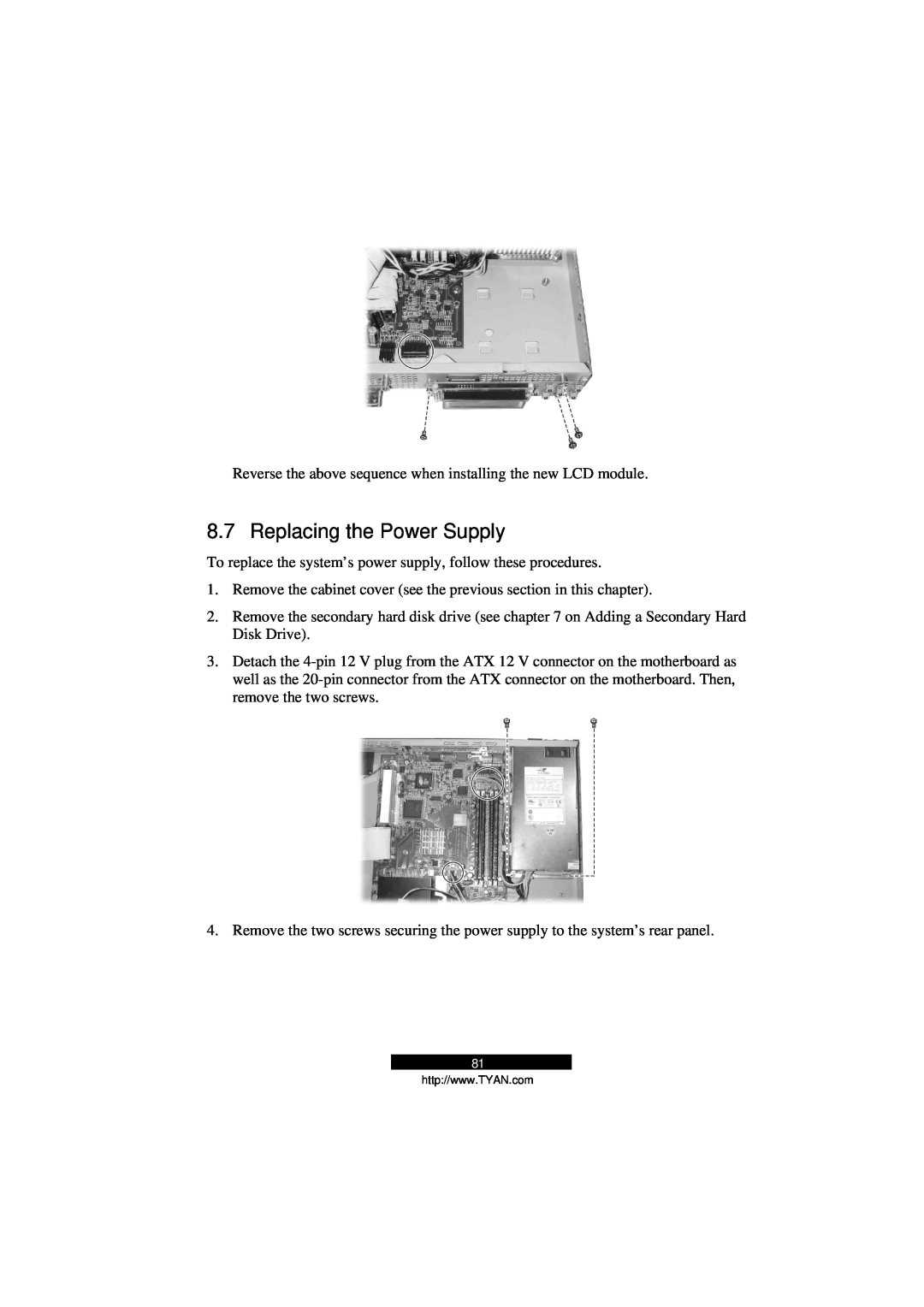 Tyan Computer B5103G12S2, Transport GS12 manual Replacing the Power Supply 