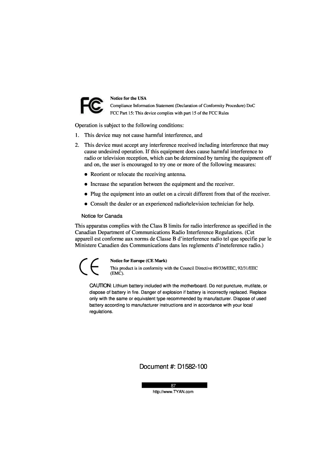 Tyan Computer B5103G12S2, Transport GS12 manual Notice for Canada, Document # D1582-100 