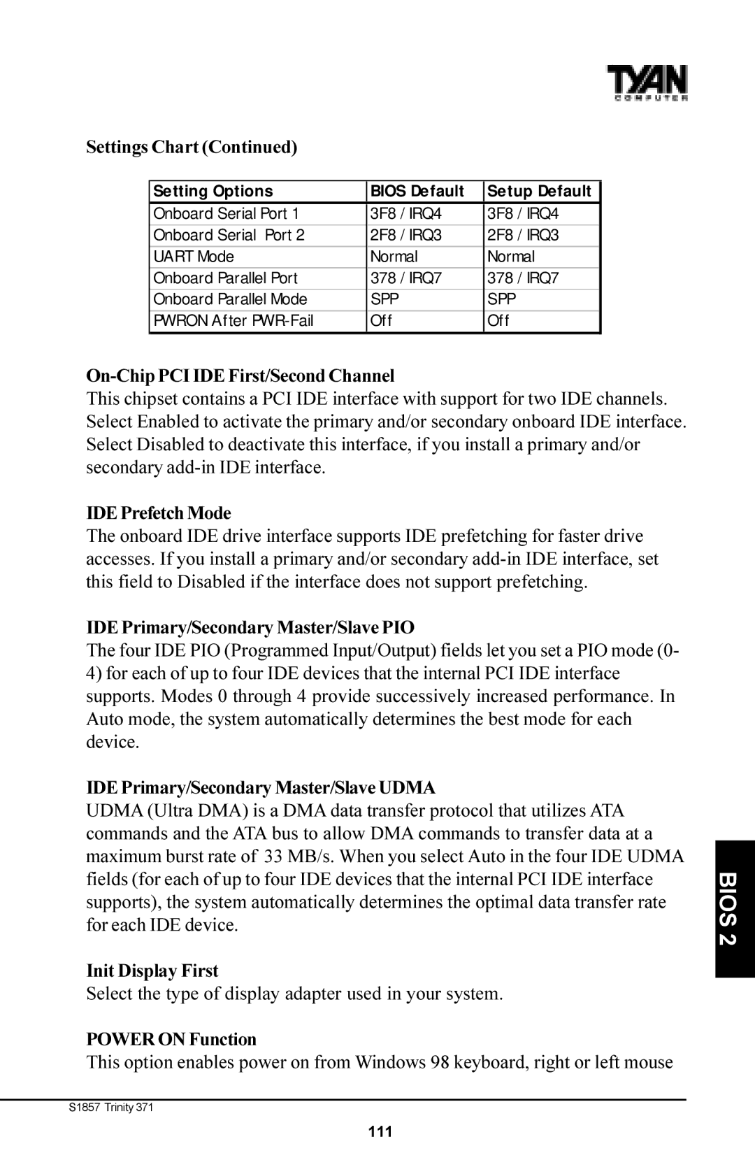 Tyan Computer Tyan S1857 On-Chip PCI IDE First/Second Channel, IDE Prefetch Mode, IDE Primary/Secondary Master/Slave PIO 