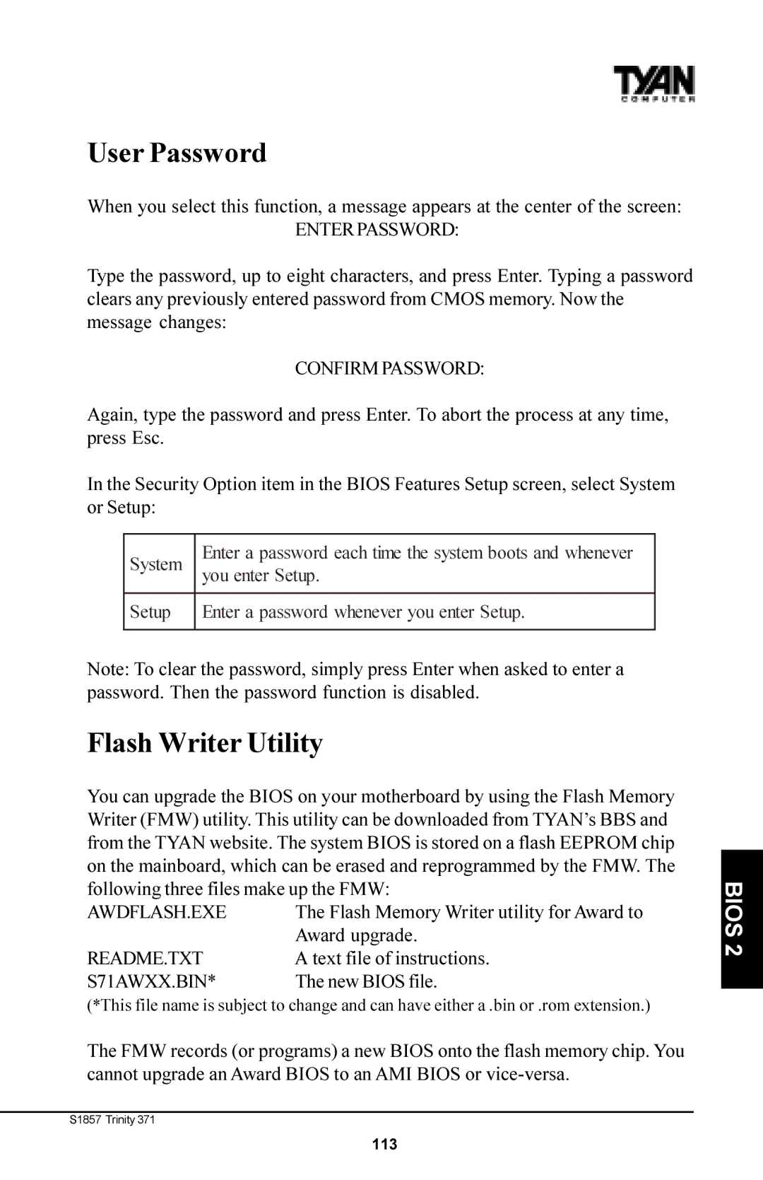 Tyan Computer Tyan S1857, Trinity 371 Motherboard manual User Password, Flash Writer Utility 