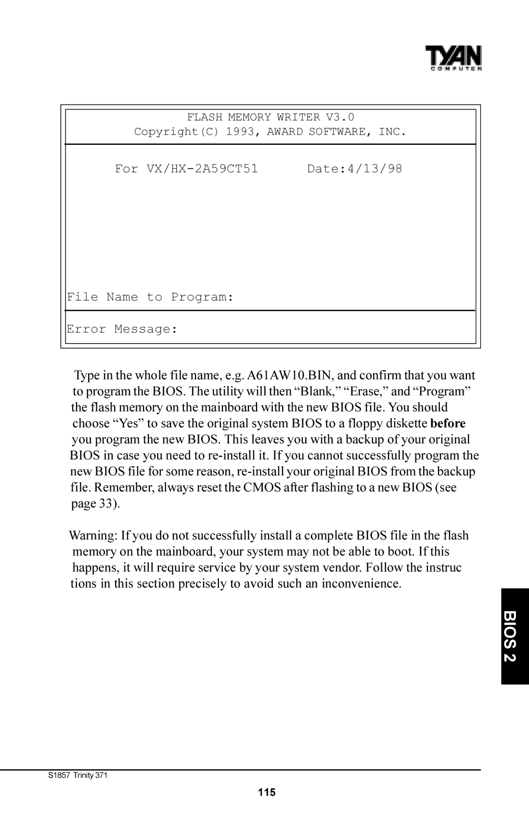 Tyan Computer Tyan S1857, Trinity 371 Motherboard manual Flash Memory Writer 