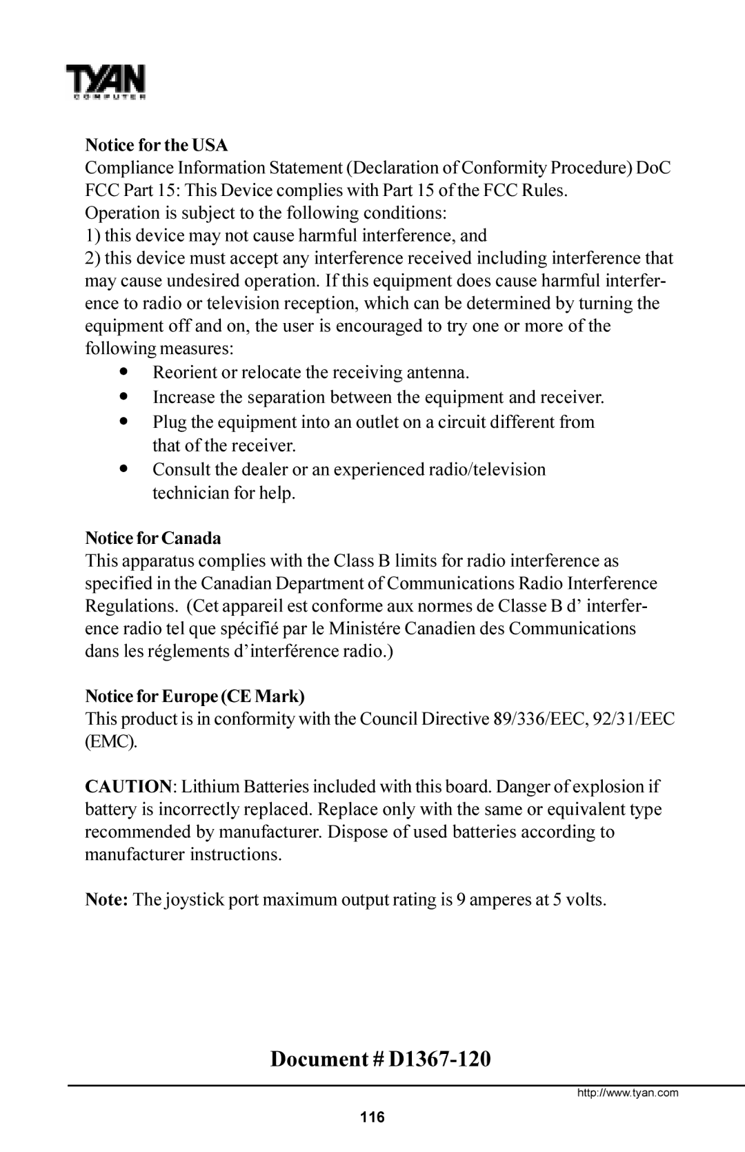 Tyan Computer Trinity 371 Motherboard, Tyan S1857 manual Document # D1367-120 