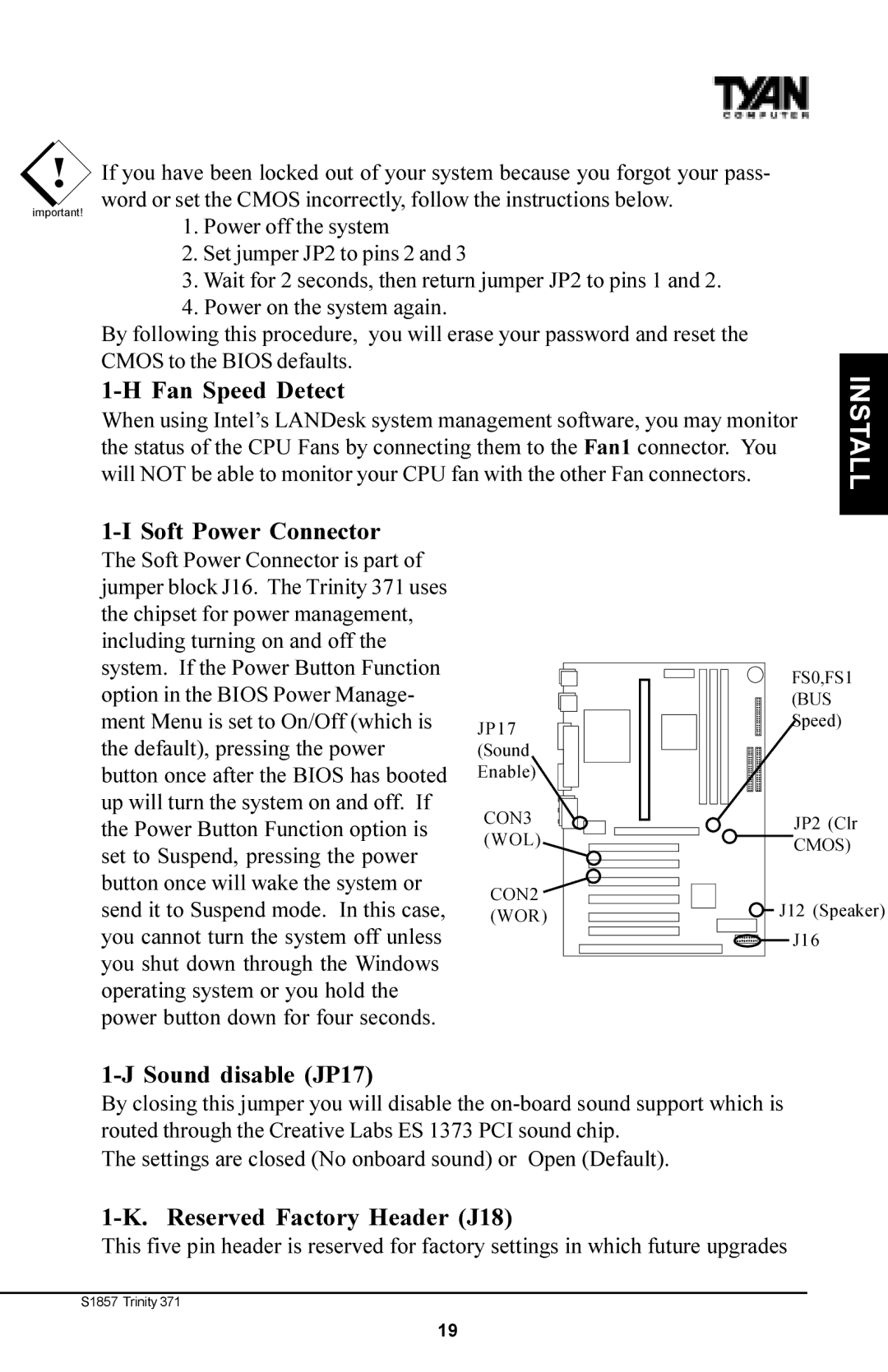 Tyan Computer Tyan S1857, Trinity 371 Motherboard manual Fan Speed Detect 