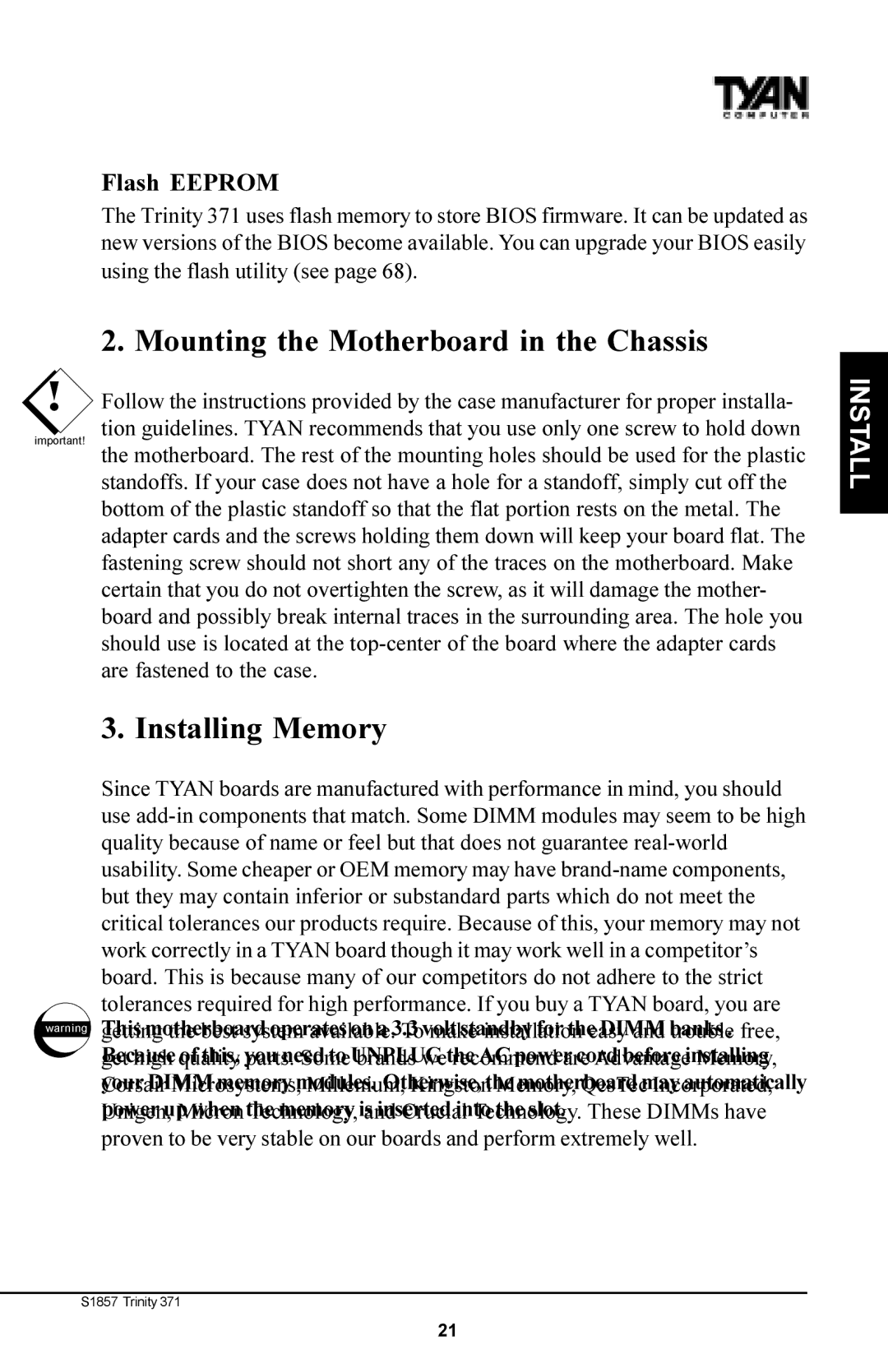 Tyan Computer Tyan S1857, Trinity 371 Motherboard manual Mounting the Motherboard in the Chassis, Installing Memory 