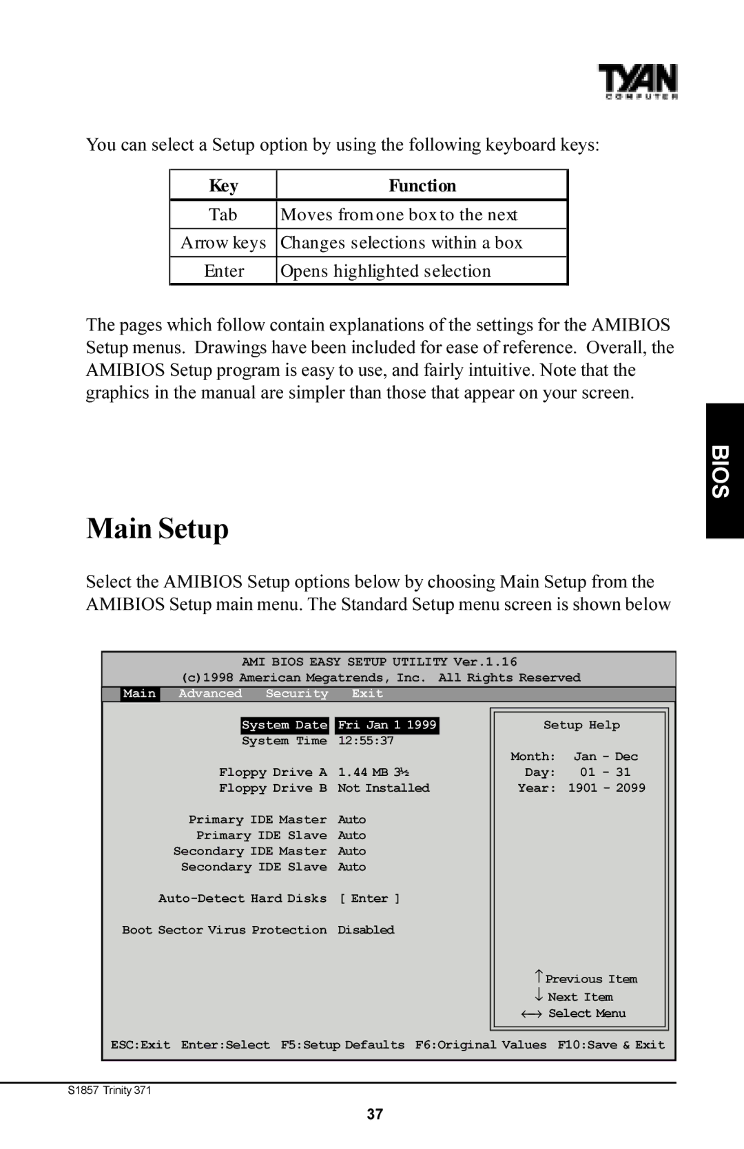 Tyan Computer Tyan S1857, Trinity 371 Motherboard manual Main Setup, Key Function 