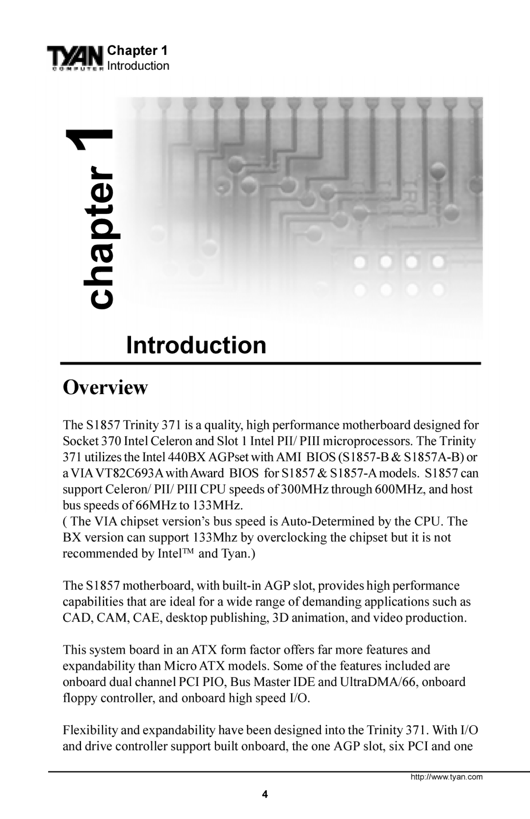 Tyan Computer Trinity 371 Motherboard, Tyan S1857 manual Overview, Chapter 