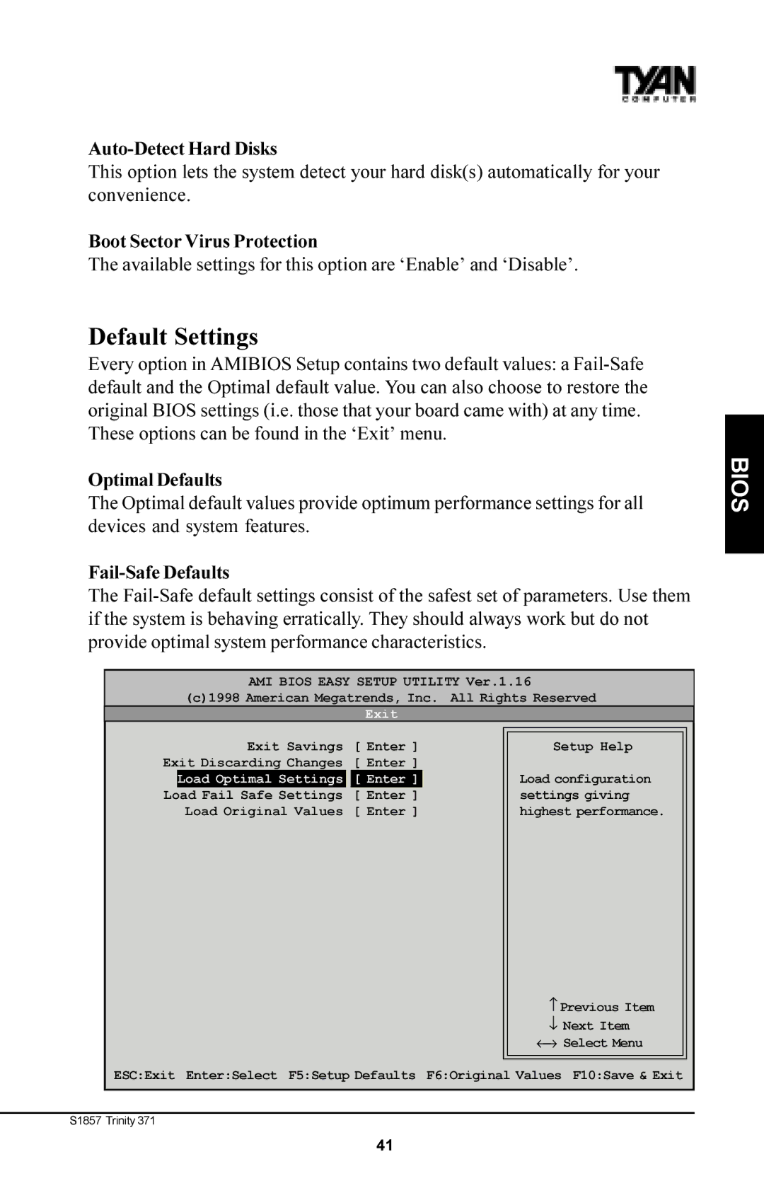 Tyan Computer Tyan S1857 manual Default Settings, Auto-Detect Hard Disks, Boot Sector Virus Protection, Optimal Defaults 