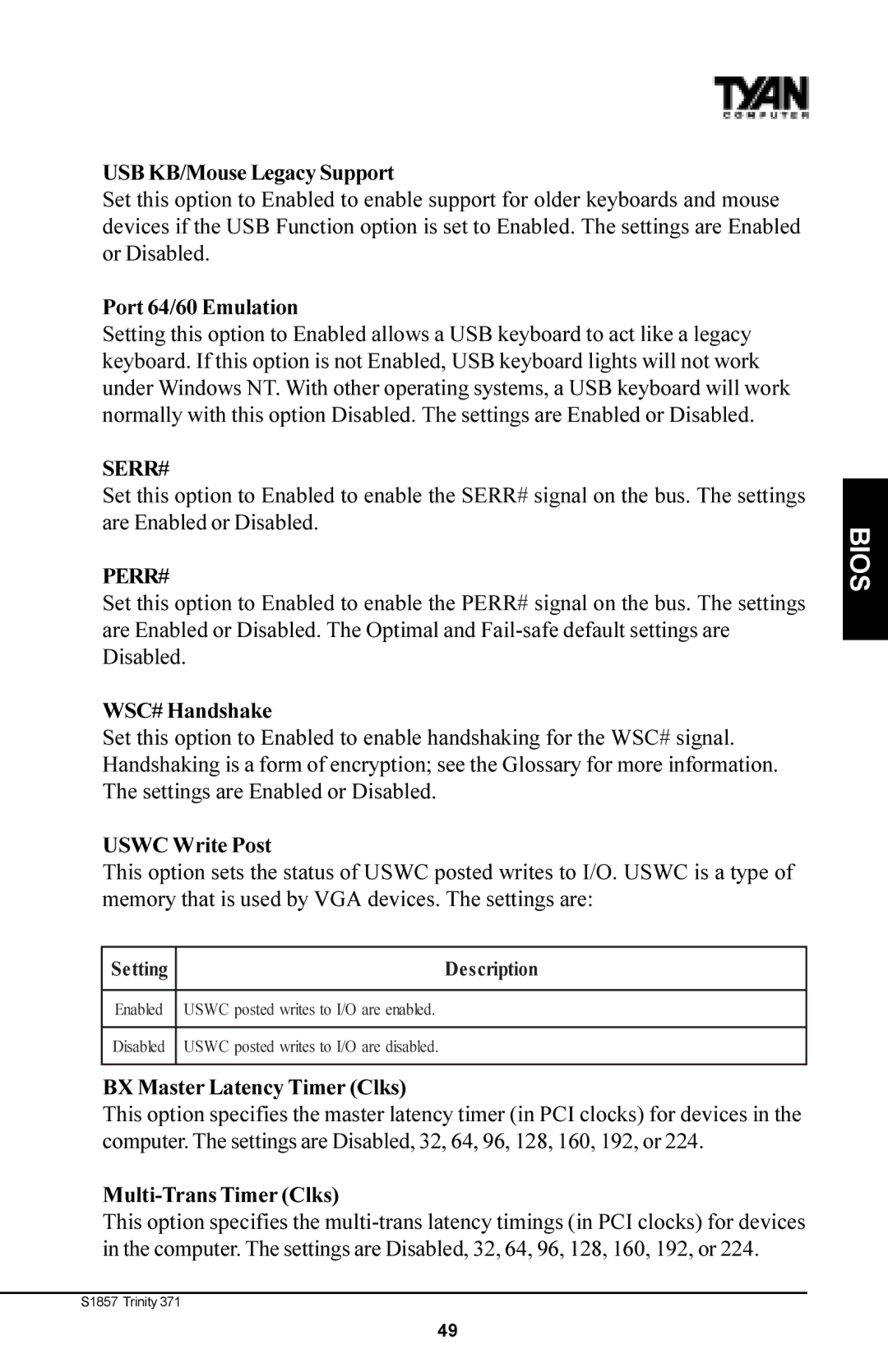 Tyan Computer Tyan S1857 manual USB KB/Mouse Legacy Support, Port 64/60 Emulation, WSC# Handshake, Uswc Write Post 