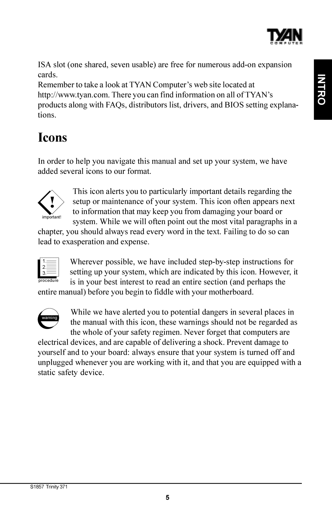 Tyan Computer Tyan S1857, Trinity 371 Motherboard manual Icons 