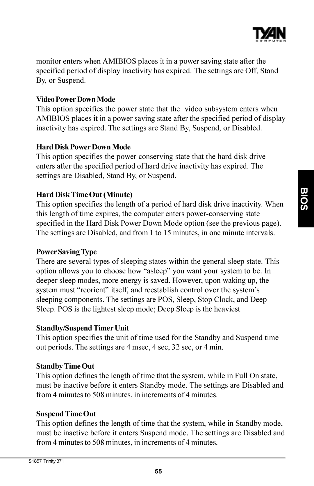 Tyan Computer Tyan S1857 Video Power Down Mode, Hard Disk Power Down Mode, Hard Disk Time Out Minute, Power Saving Type 