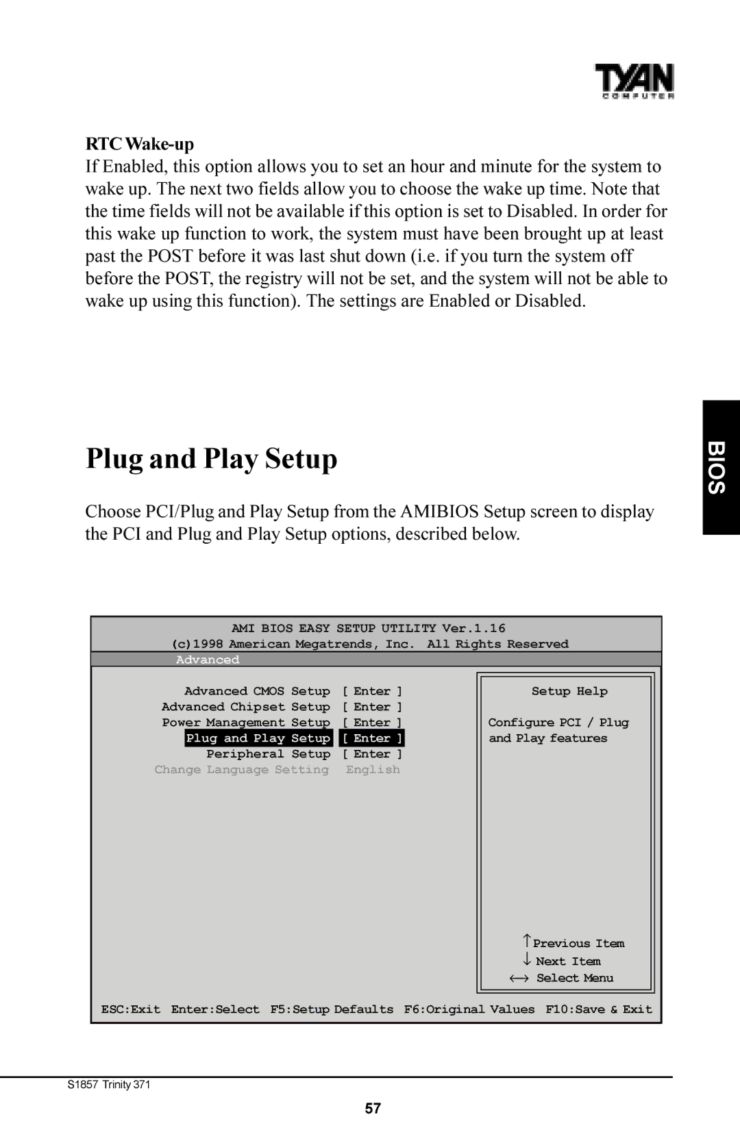 Tyan Computer Tyan S1857, Trinity 371 Motherboard manual Plug and Play Setup, RTC Wake-up 