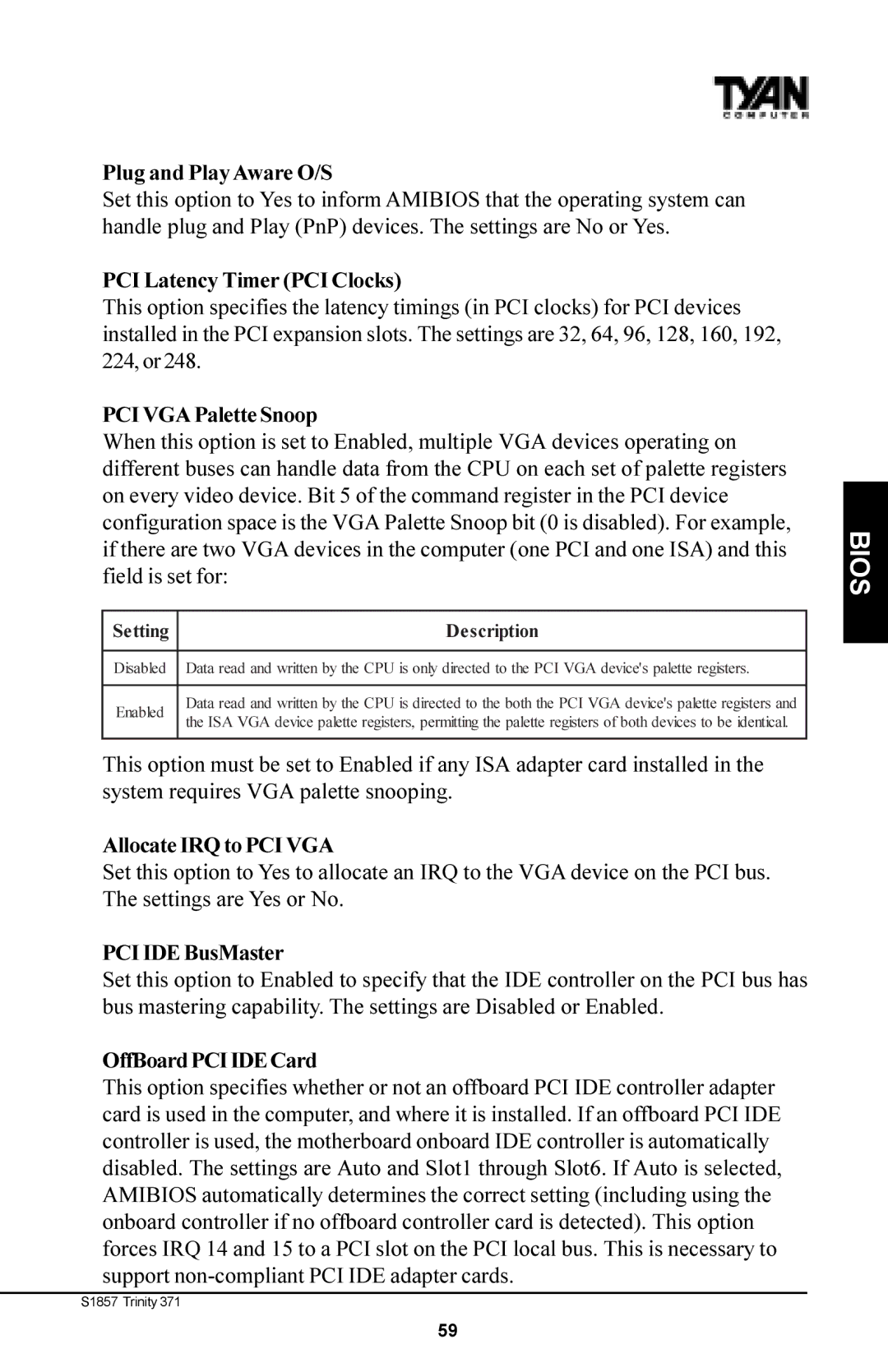 Tyan Computer Tyan S1857 Plug and PlayAware O/S, PCI Latency Timer PCI Clocks, PCI VGA Palette Snoop, PCI IDE BusMaster 