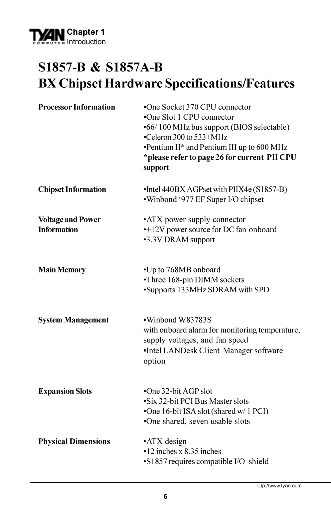 Tyan Computer Trinity 371 Motherboard manual Processor Information, Please refer to page 26 for current PII CPU, Support 