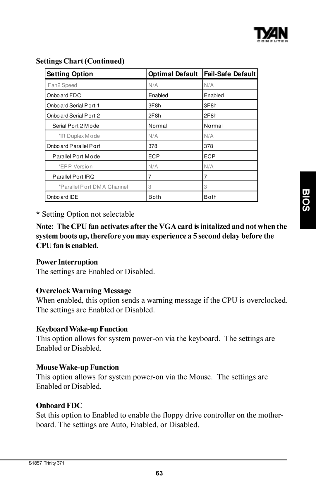 Tyan Computer Tyan S1857 Power Interruption, Overclock Warning Message, KeyboardWake-up Function, Mouse Wake-up Function 