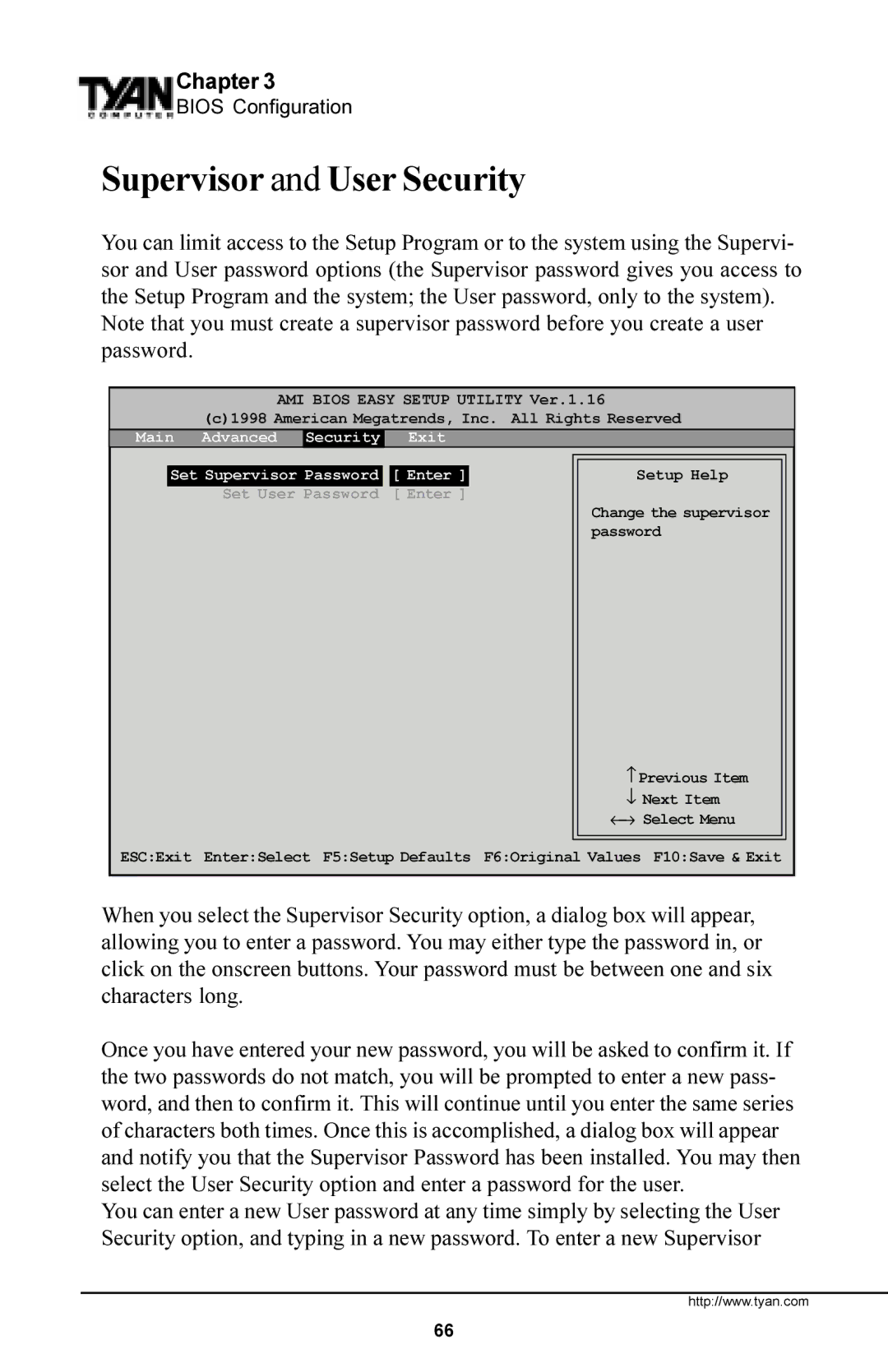 Tyan Computer Trinity 371 Motherboard Supervisor and User Security, Set Supervisor Password Enter Set User Password Enter 