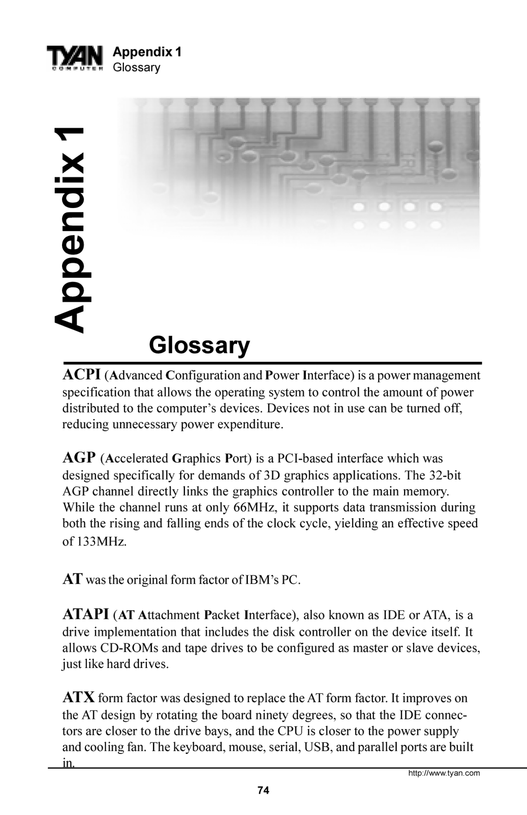 Tyan Computer Trinity 371 Motherboard, Tyan S1857 manual 1Appendix Glossary 