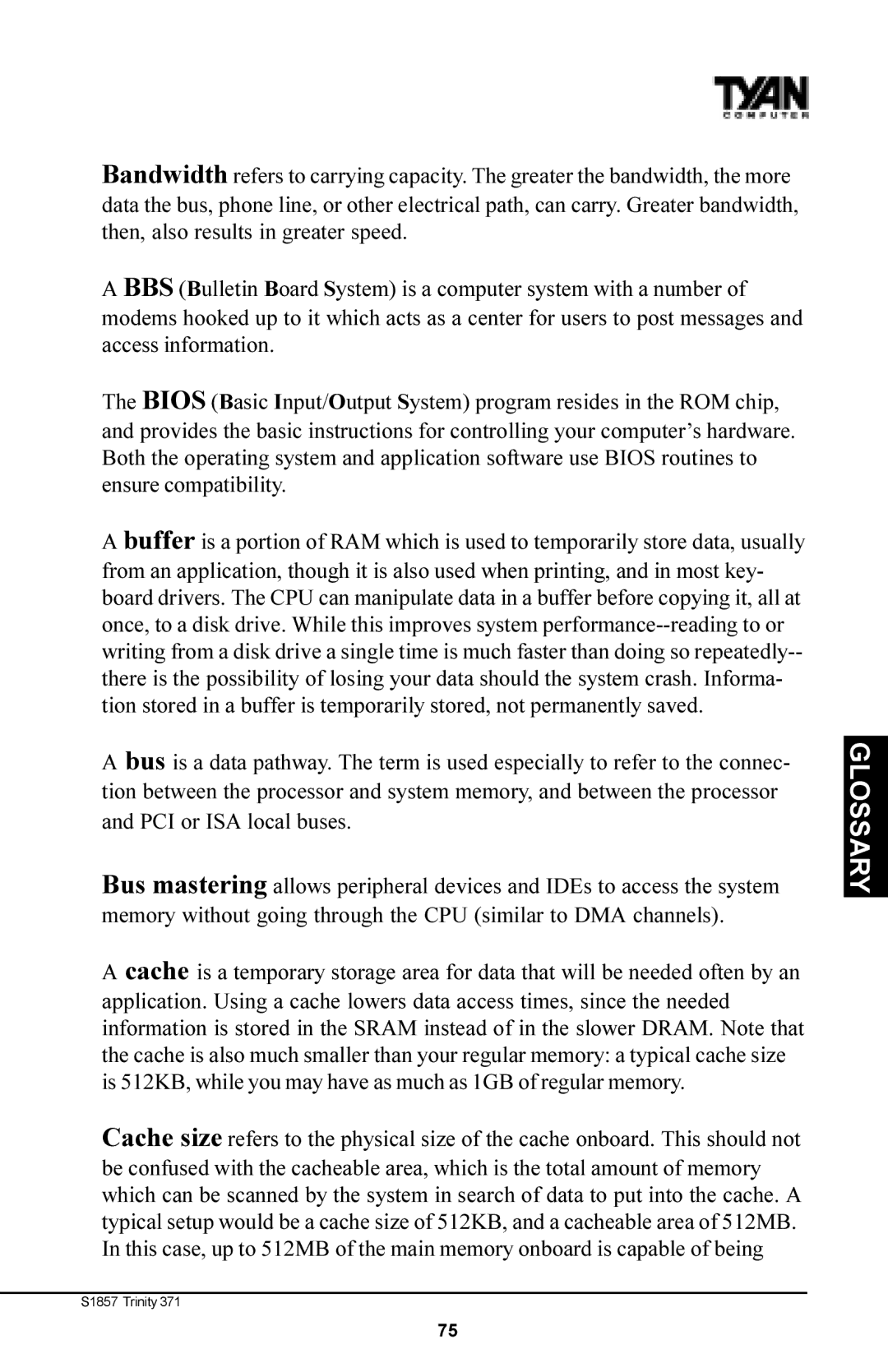 Tyan Computer Tyan S1857, Trinity 371 Motherboard manual Glossary 