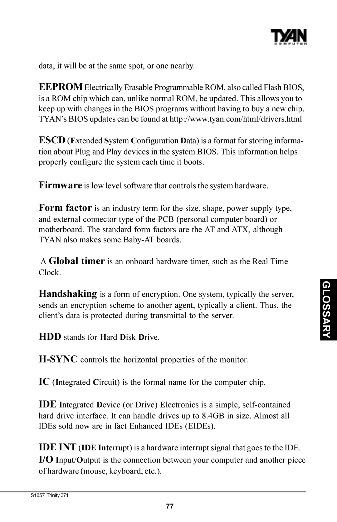 Tyan Computer Tyan S1857, Trinity 371 Motherboard manual Glossary 