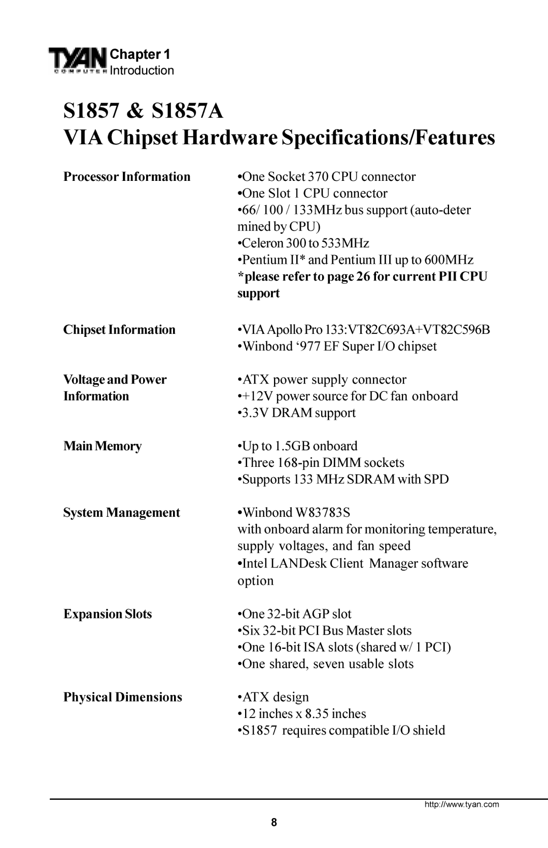 Tyan Computer Trinity 371 Motherboard, Tyan S1857 manual S1857 & S1857A VIA Chipset Hardware Specifications/Features 