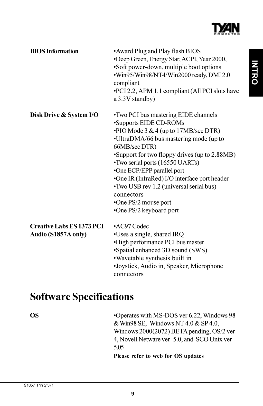 Tyan Computer Tyan S1857, Trinity 371 Motherboard manual Audio S1857A only, Win98 SE, Windows NT 4.0 & SP 