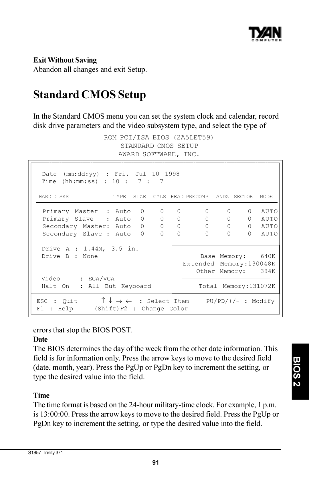 Tyan Computer Tyan S1857, Trinity 371 Motherboard manual Standard Cmos Setup, Exit Without Saving, Date, Time 