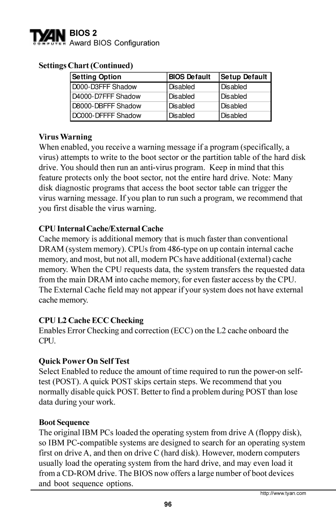 Tyan Computer Trinity 371 Motherboard manual Virus Warning, CPU Internal Cache/External Cache, CPU L2 Cache ECC Checking 