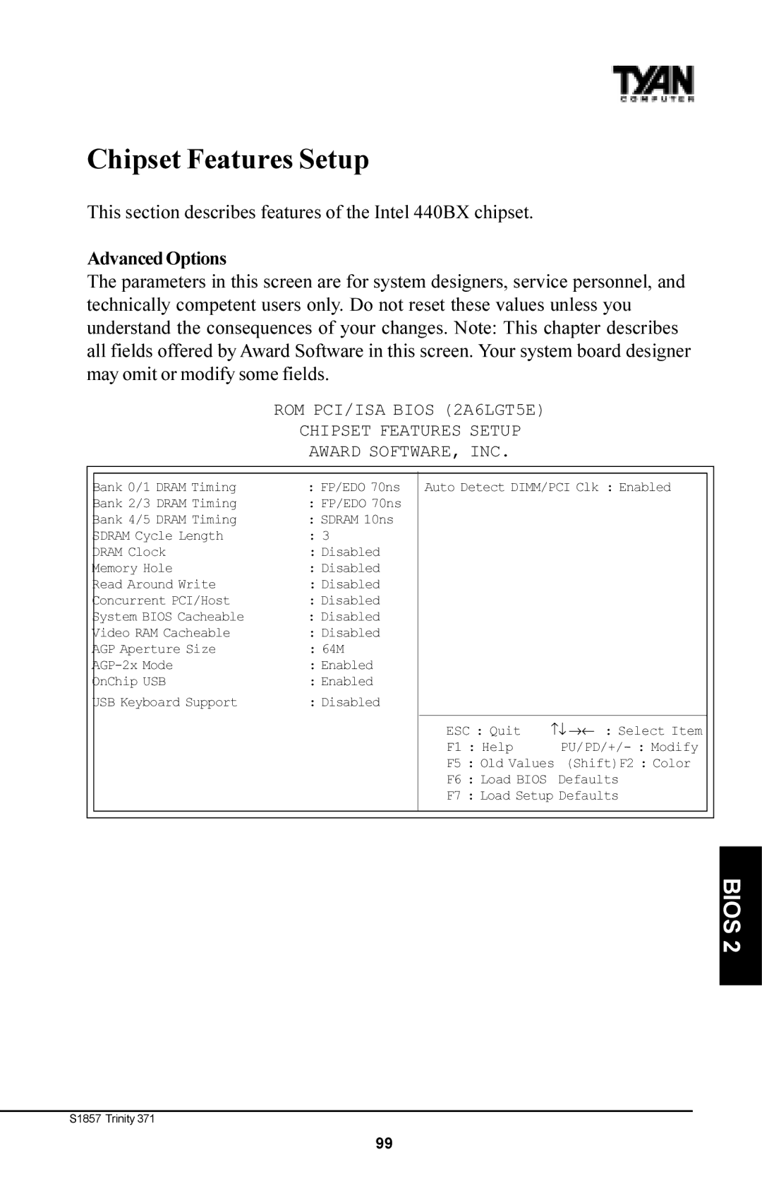 Tyan Computer Tyan S1857, Trinity 371 Motherboard manual Chipset Features Setup, Advanced Options 