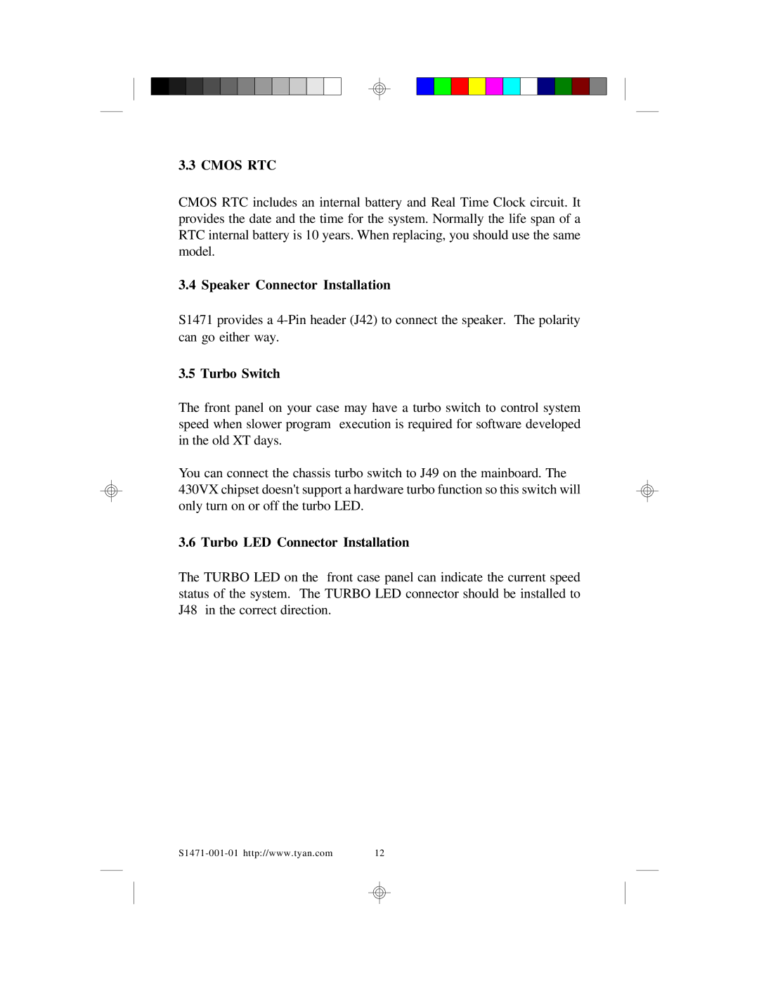Tyan Computer TYAN S1471 user manual Speaker Connector Installation, Turbo Switch, Turbo LED Connector Installation 