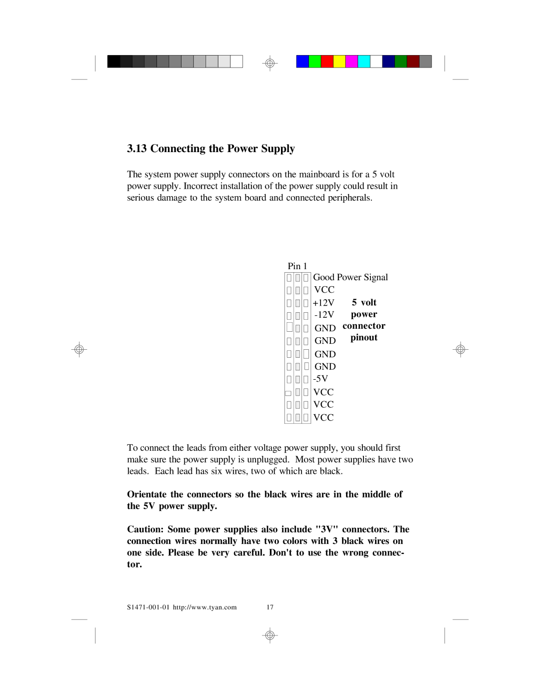 Tyan Computer TYAN S1471 user manual Connecting the Power Supply, Gnd Gnd Vcc 