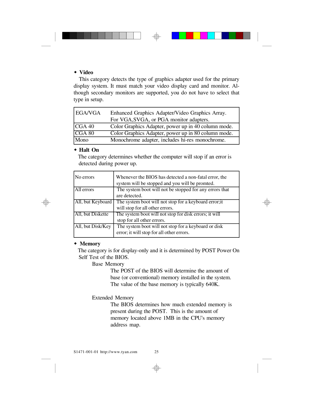 Tyan Computer TYAN S1471 user manual Video, Ega/Vga, Halt On, Memory 