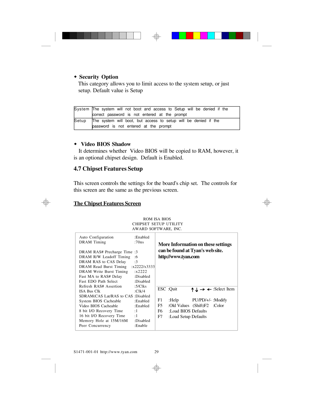 Tyan Computer TYAN S1471 user manual Chipset Features Setup, Security Option, Video Bios Shadow, Chipset Features Screen 